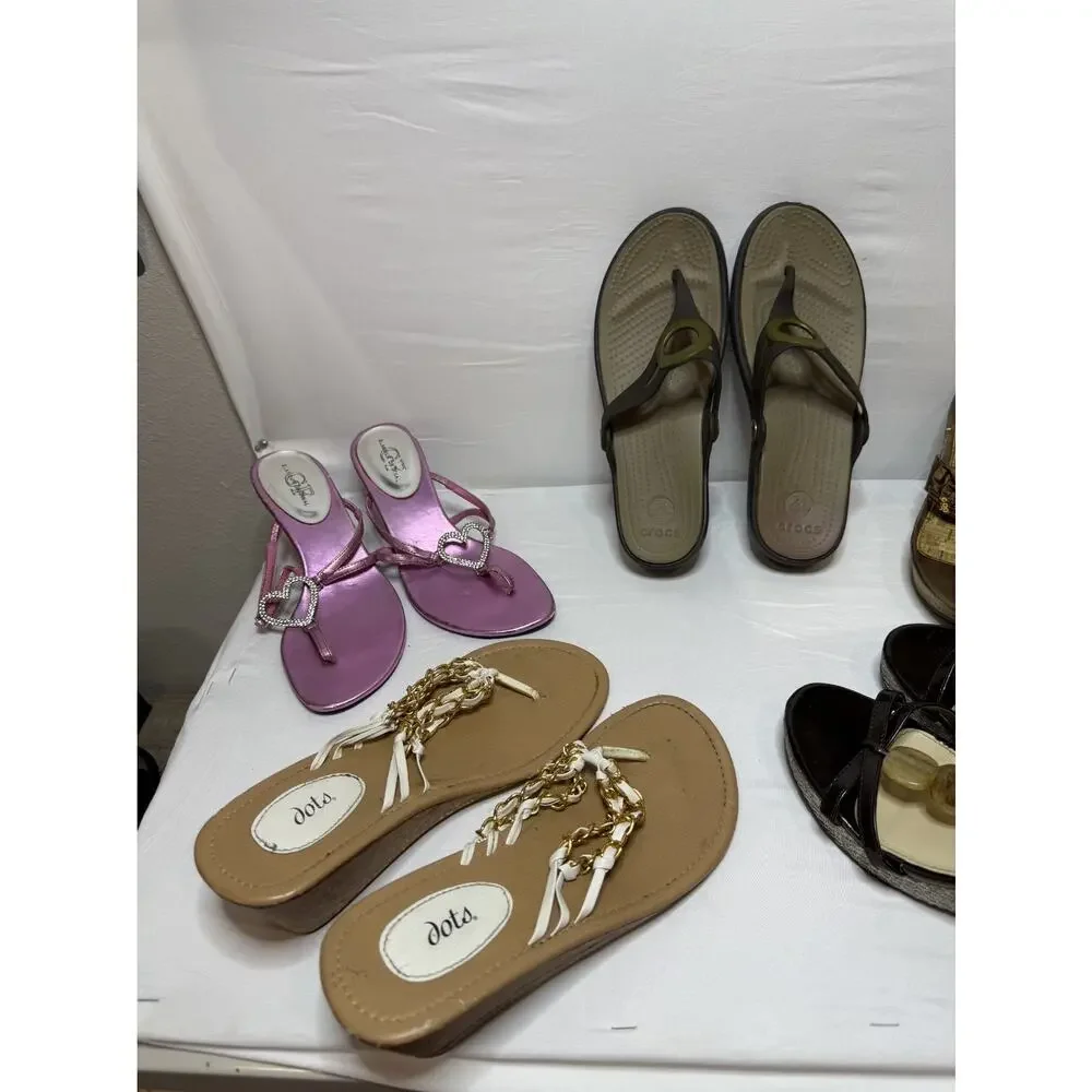 Lot of 5 Women's Sandals Size 8/9 Wedge Flip Flop Crocs Madeline Dots Pink Brown